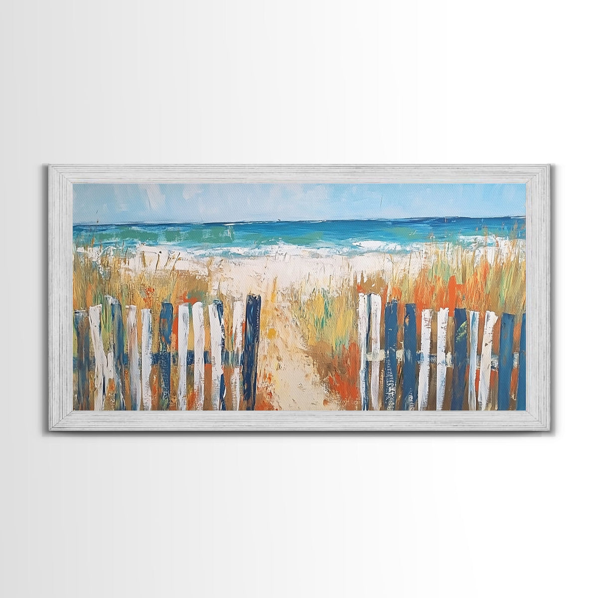 Beach Fence, coastal painting, framed canvas print, nautical decor, seascape painting, blue and green wall art, extra wide art
