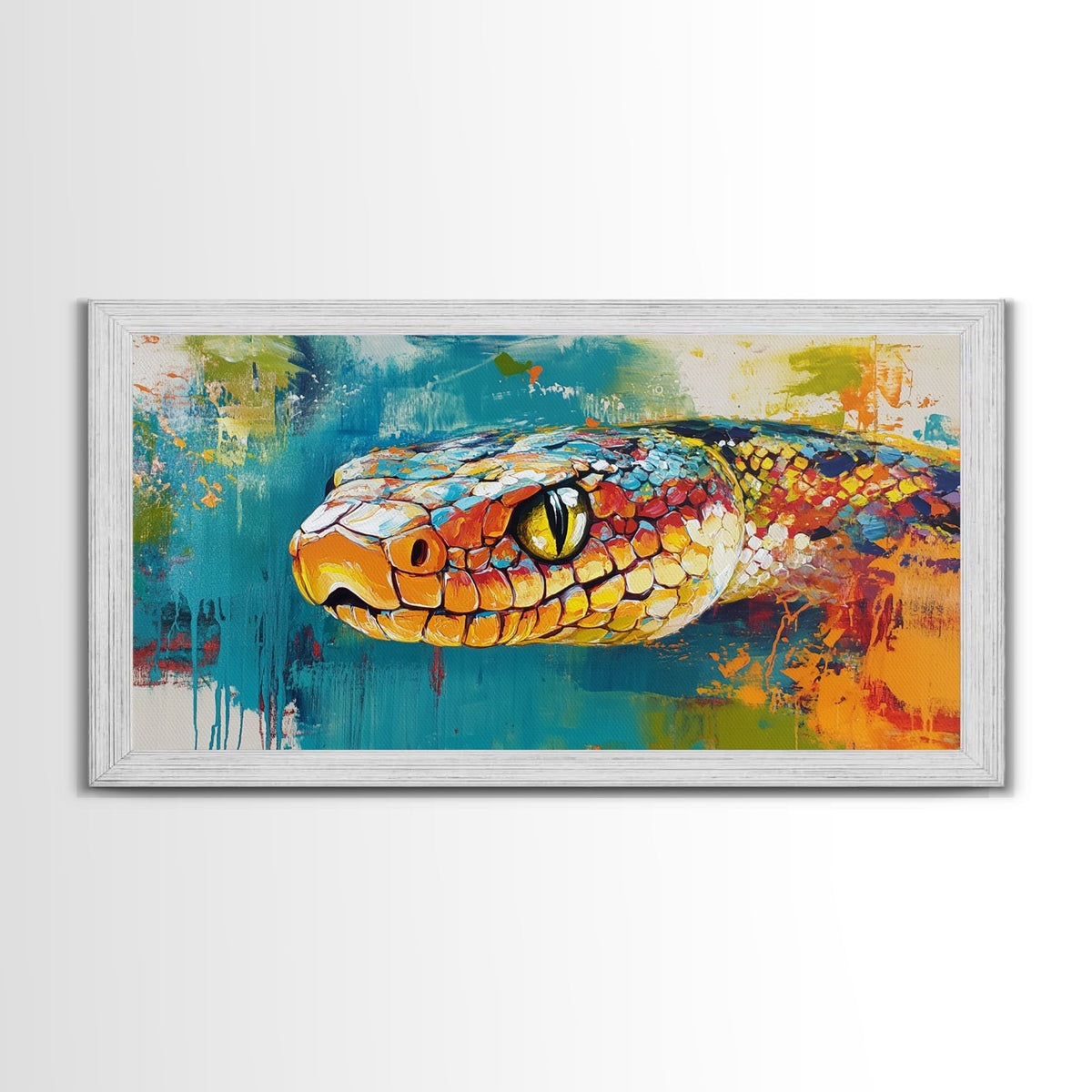 Colorful Snake, wildlife painting, framed canvas print, reptile wall art, bold abstract art, extra wide art, rustic decor
