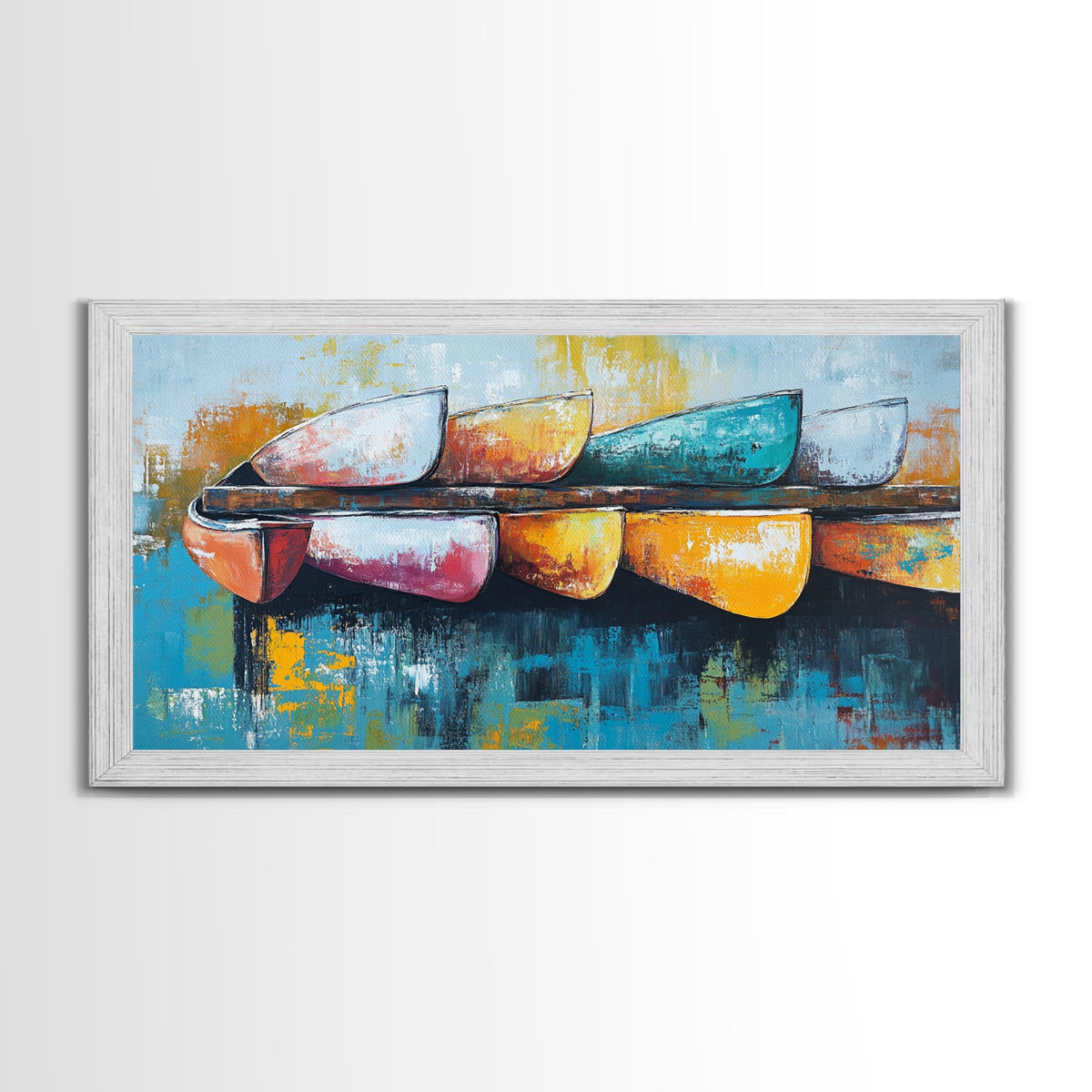 Colorful canoe, coastal decor, nautical painting, vibrant abstract, lake tahoe art, modern art, horizontal wall art, canvas print, beach vibes