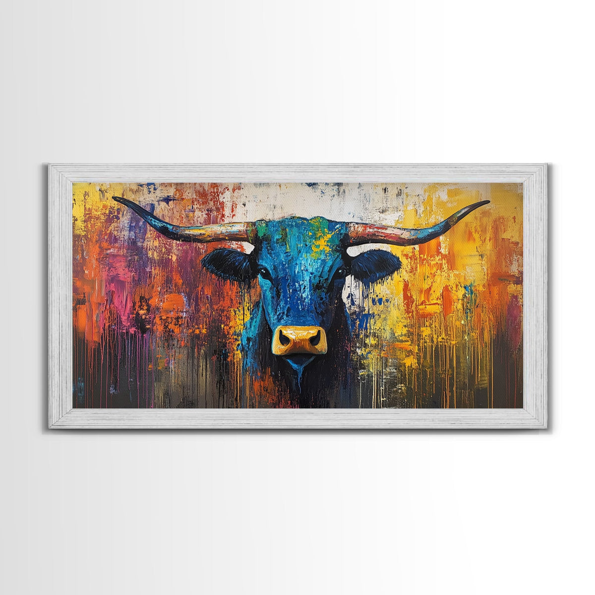 Abstract Bull, bold color wall art, rustic decor, farmhouse art, moody art, contemporary art, Framed Canvas Print, modern bull painting