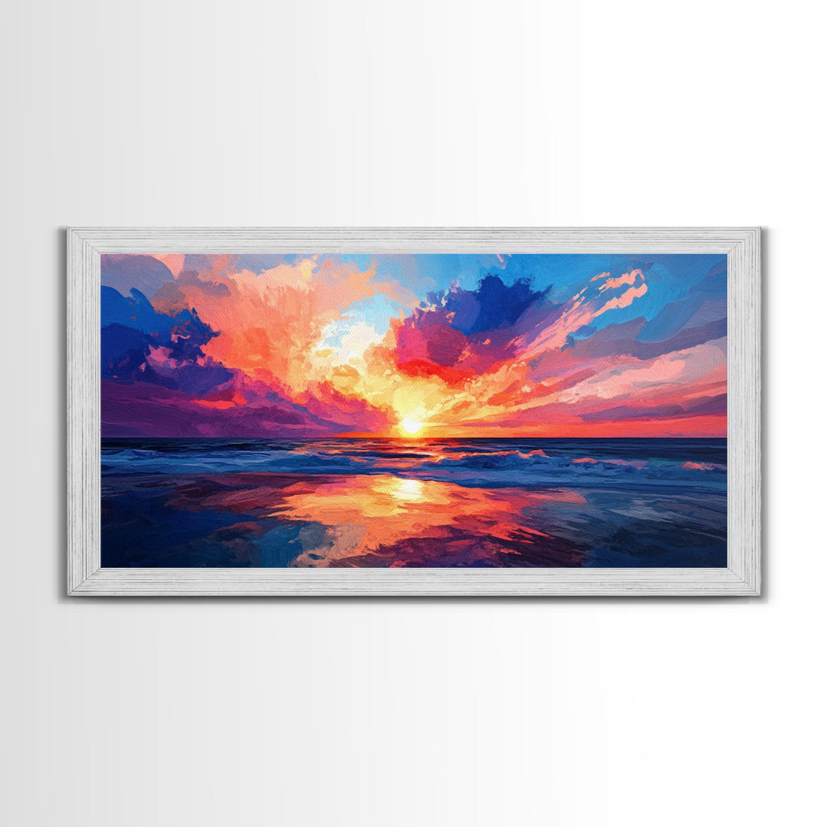 Sunset Beach, pink orange wall art, seascape painting, coastal wall art, panoramic art, ocean waves, extra wide art, Canvas Print