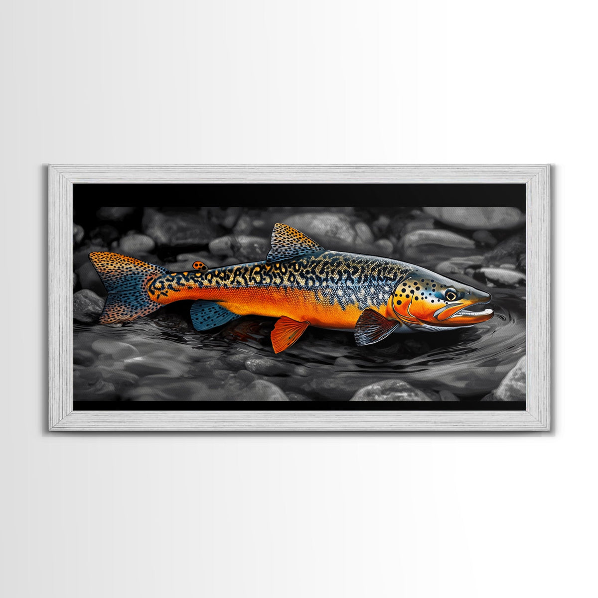 Rainbow Trout, Colorful Fish, Bold Patterns, River Stream – Framed Canvas Print, Fishing Wall Art, Cabin Decor, Rustic Wildlife