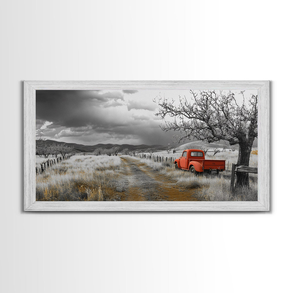 Red Truck, Country Road, Stormy Sky, Orchard Path, Framed Canvas Print, Farmhouse Autumn Wall Art, Rural Decor, Rustic Vintage Vibes