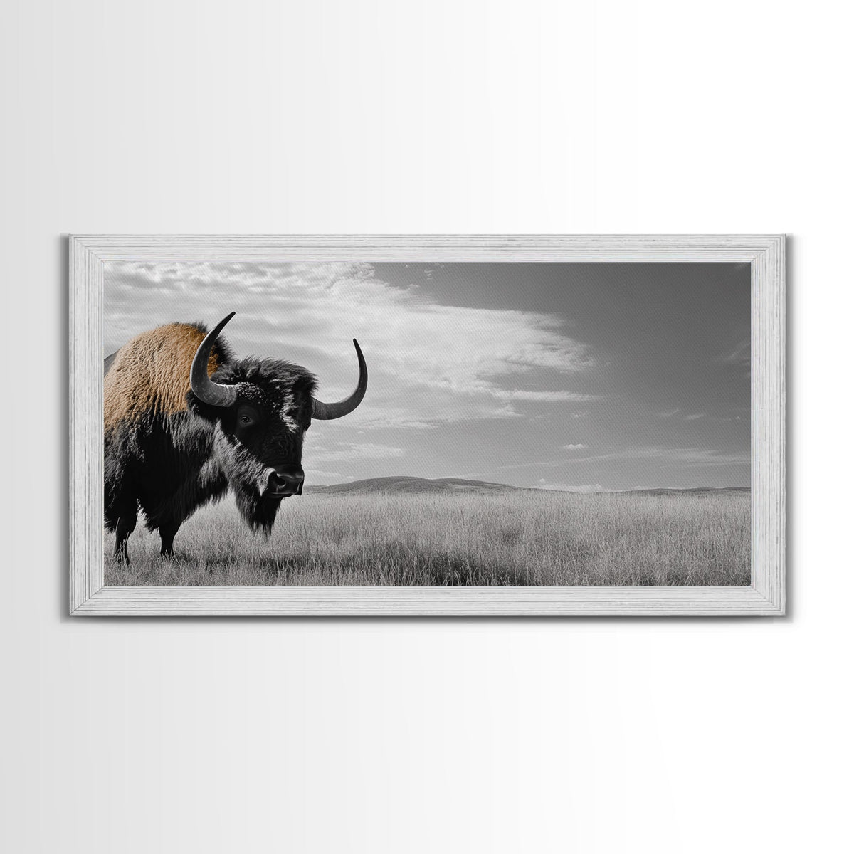 Buffalo Wall Art Canvas Print | Rustic Farmhouse Decor | Western Landscape Art | Moody Wall Art | Extra Wide Art | Nature Lover Gift