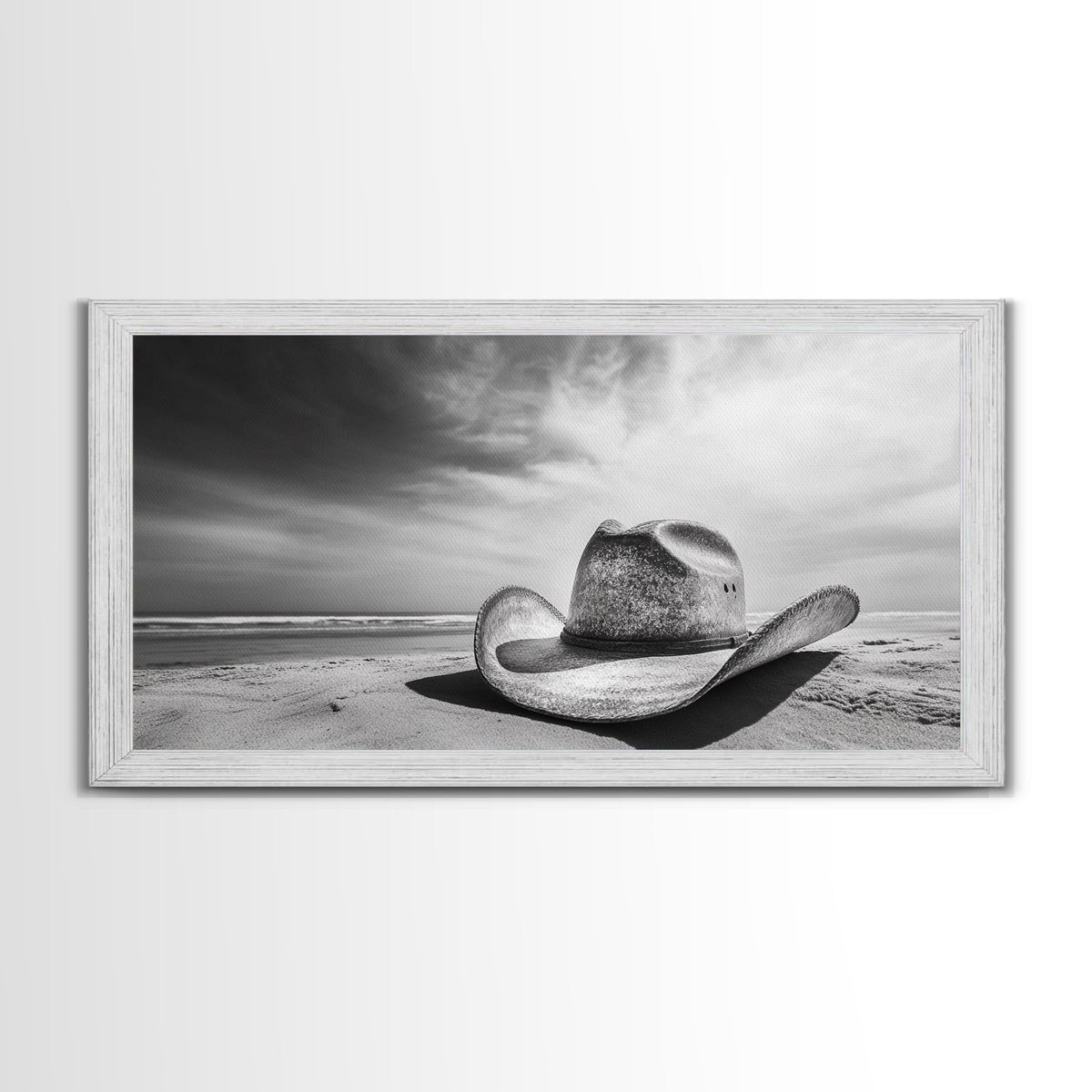 Cowboy Hat, Rustic Art, Western Wall Art, Moody Art, Coastal Decor, Vintage Aesthetic, Framed Canvas Print, Dramatic Sky