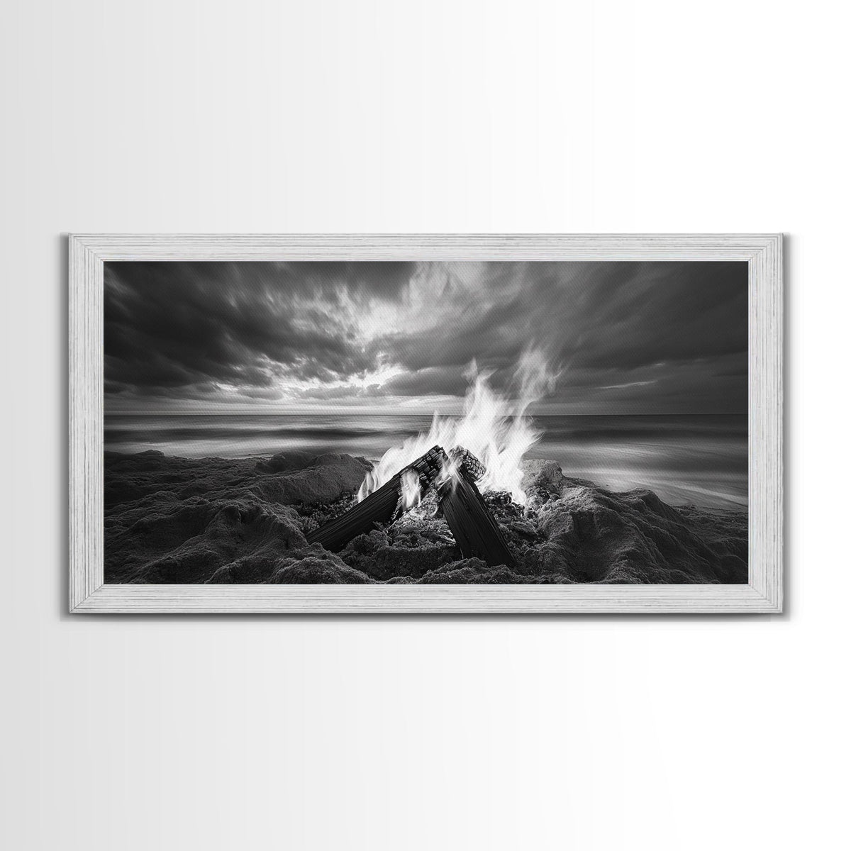 Beach bonfire, moody art, seascape painting, coastal decor, extra wide art, panoramic painting, above bed wall art, framed canvas print