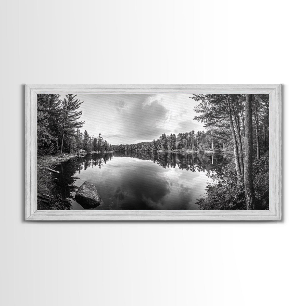 Lake reflection, pine tree art, landscape painting, wabi sabi art, rustic decor, panoramic painting, extra wide art, framed canvas print