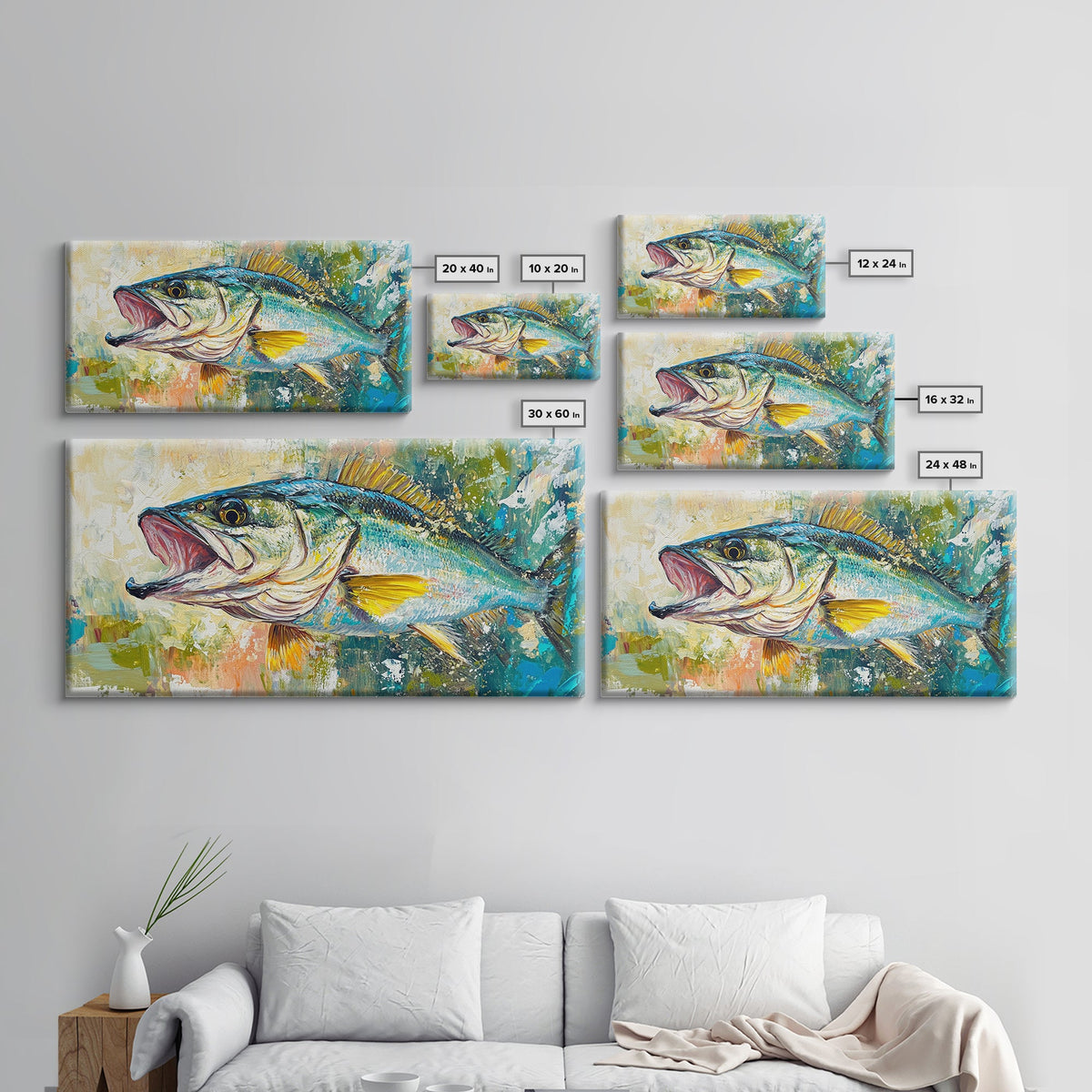 Fish Painting, Coastal Wall Art, Nautical Decor, Wildlife Painting, Fly Fishing Art, Extra Wide Art, Framed Canvas Print, Above Couch Art