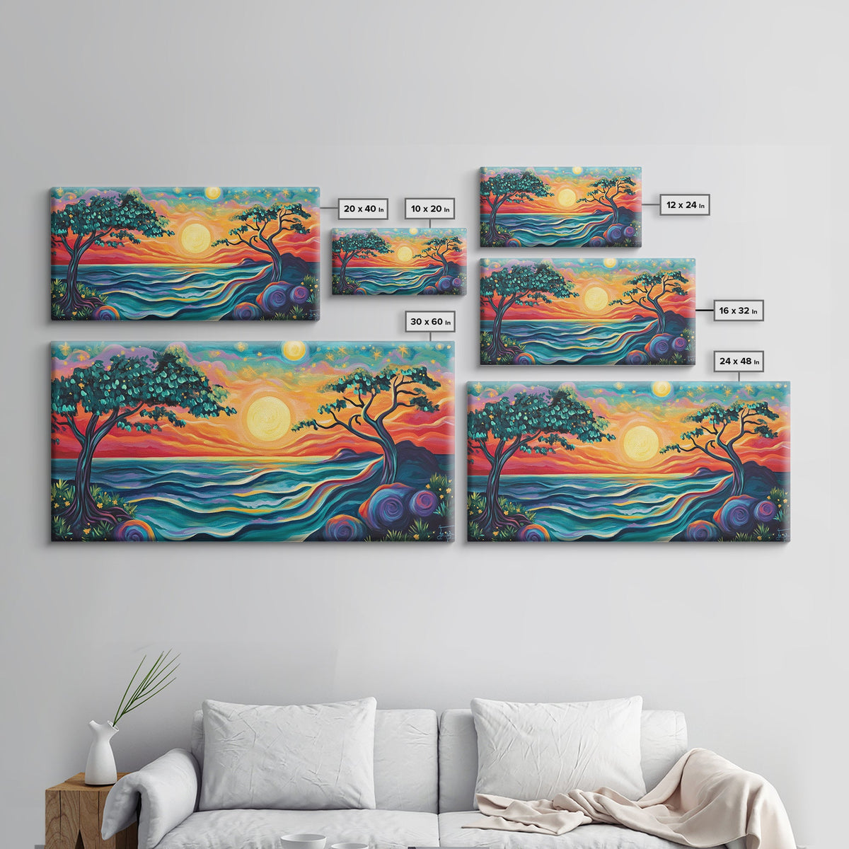 Vibrant Sunset, pink orange wall art, whimsical art, Hawaii art, colorful landscape painting, coastal decor, gift idea, Canvas Print