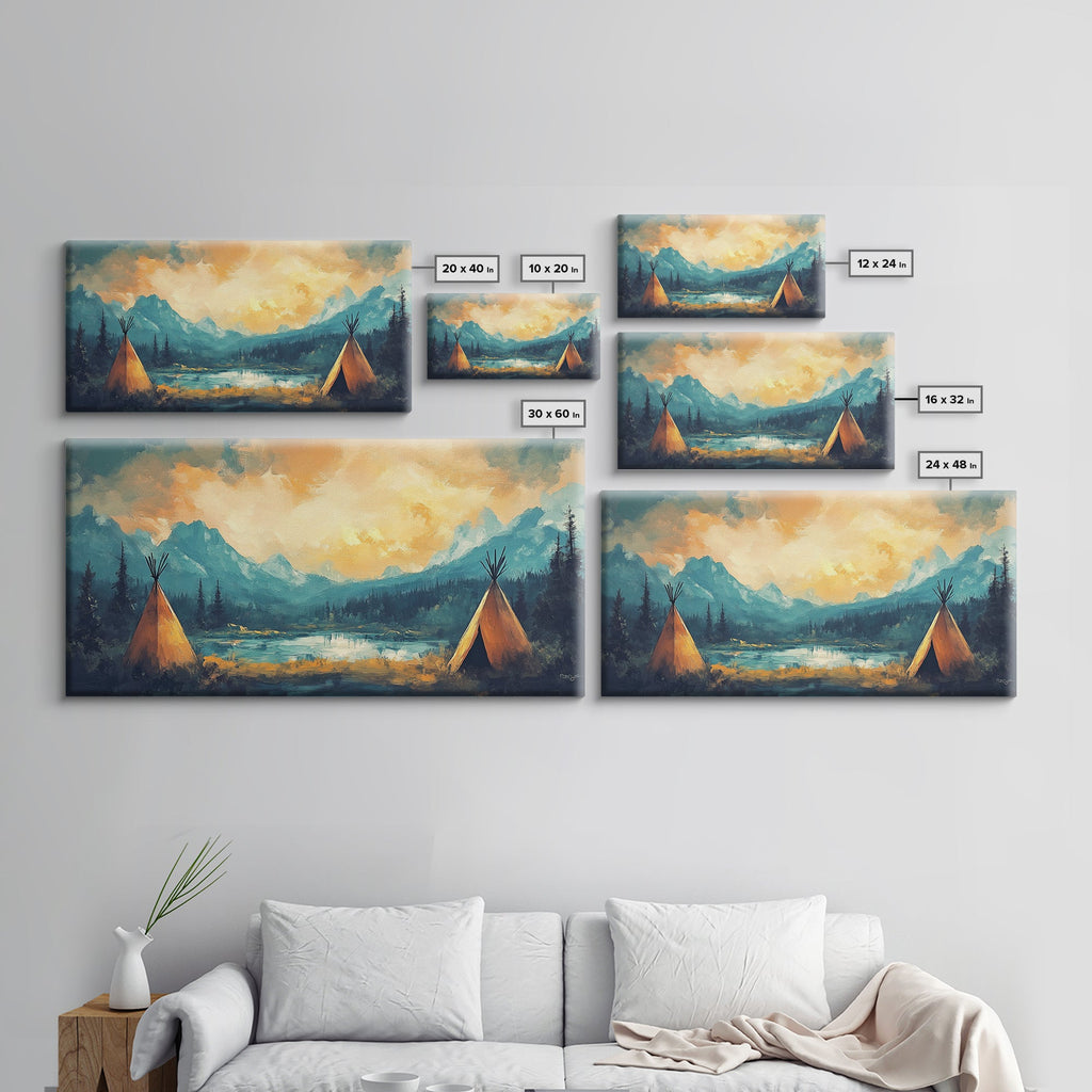Teepee Camp, southwest wall art, landscape painting, mountain painting, rustic decor, moody art, Framed Canvas Print, panoramic painting