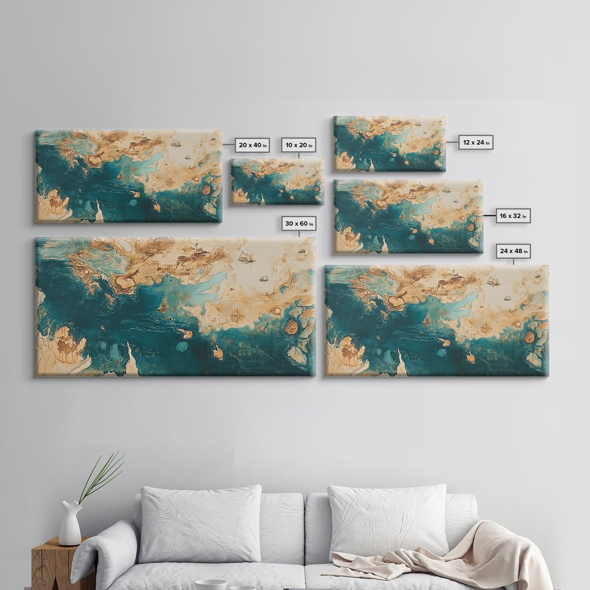 Vintage Map Art, Compass Wall Art, Nautical Wall Art, Extra Wide Art, Framed Canvas Print, Rustic Decor, Coastal Painting