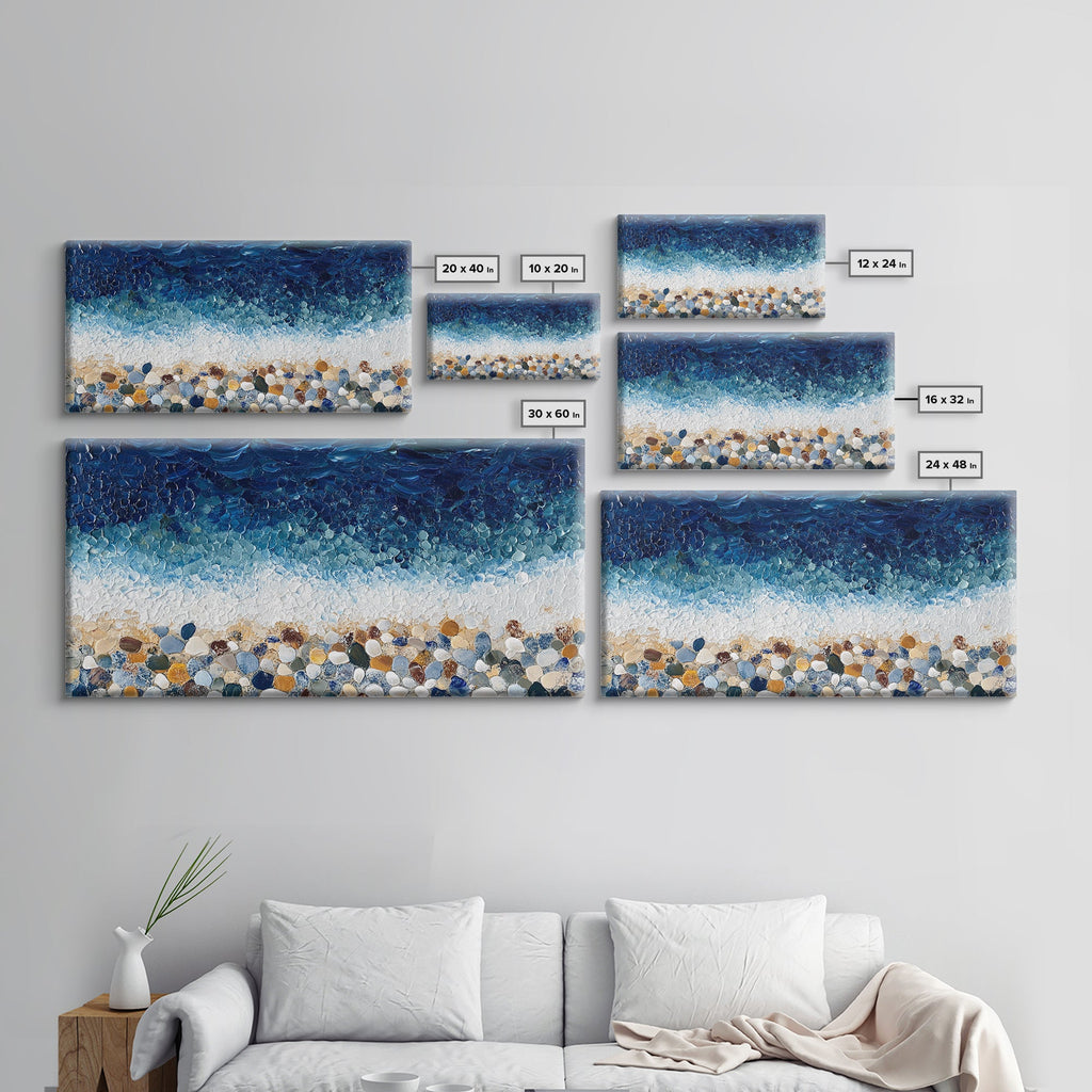 Pebble Beach, mosaic wall art, coastal decor, ocean painting, nautical decor, panoramic painting, framed canvas print