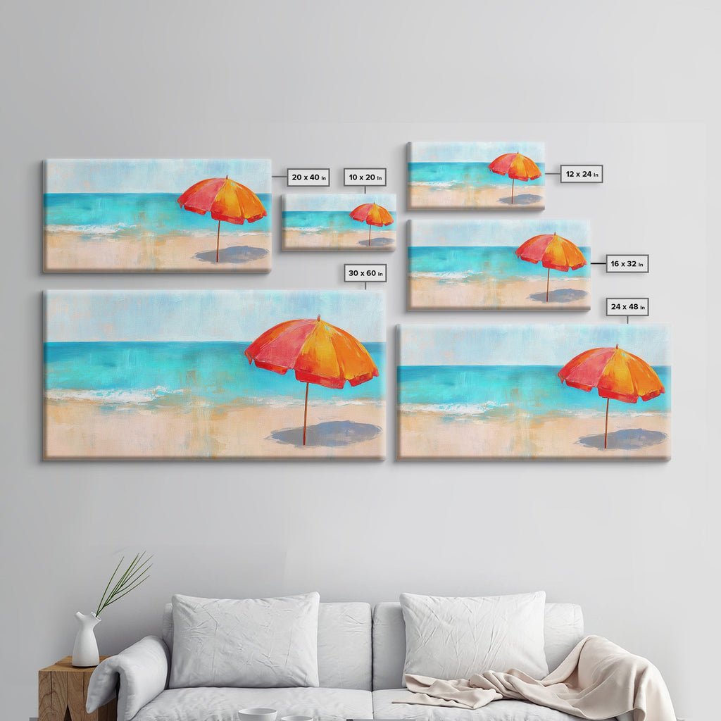 Beach Umbrella, Coastal Decor, Nautical Wall Art, Seascape Painting, Ocean Painting, Extra Wide Art, Framed Canvas Print, Beach House Art