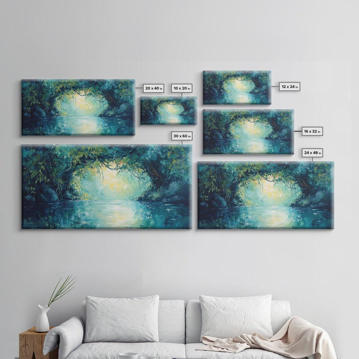 Mystical River, Framed Canvas Print, landscape painting, moody art, forest at dusk painting, teal wall art, extra wide art