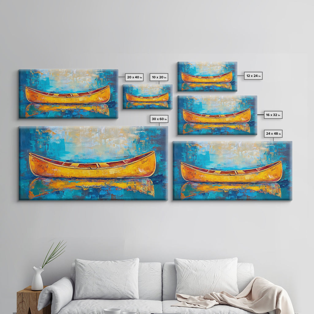 Golden Canoe, Framed Canvas Print, fisherman painting, lake Tahoe art, rustic decor, nautical decor, extra wide art, landscape painting