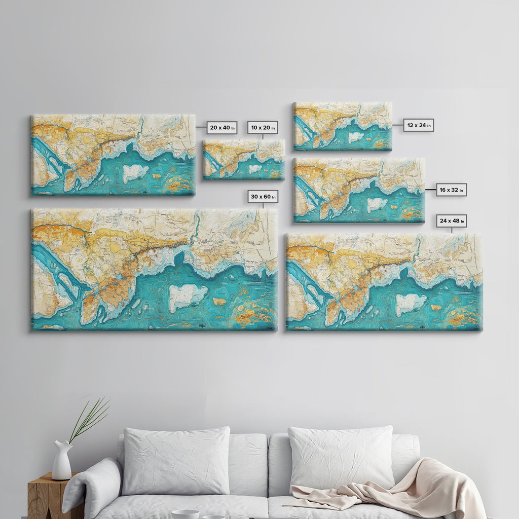 Abstract Map Art, Coastal Decor, Nautical Painting, Extra Wide Art, Framed Canvas Print, Blue and Green Wall Art