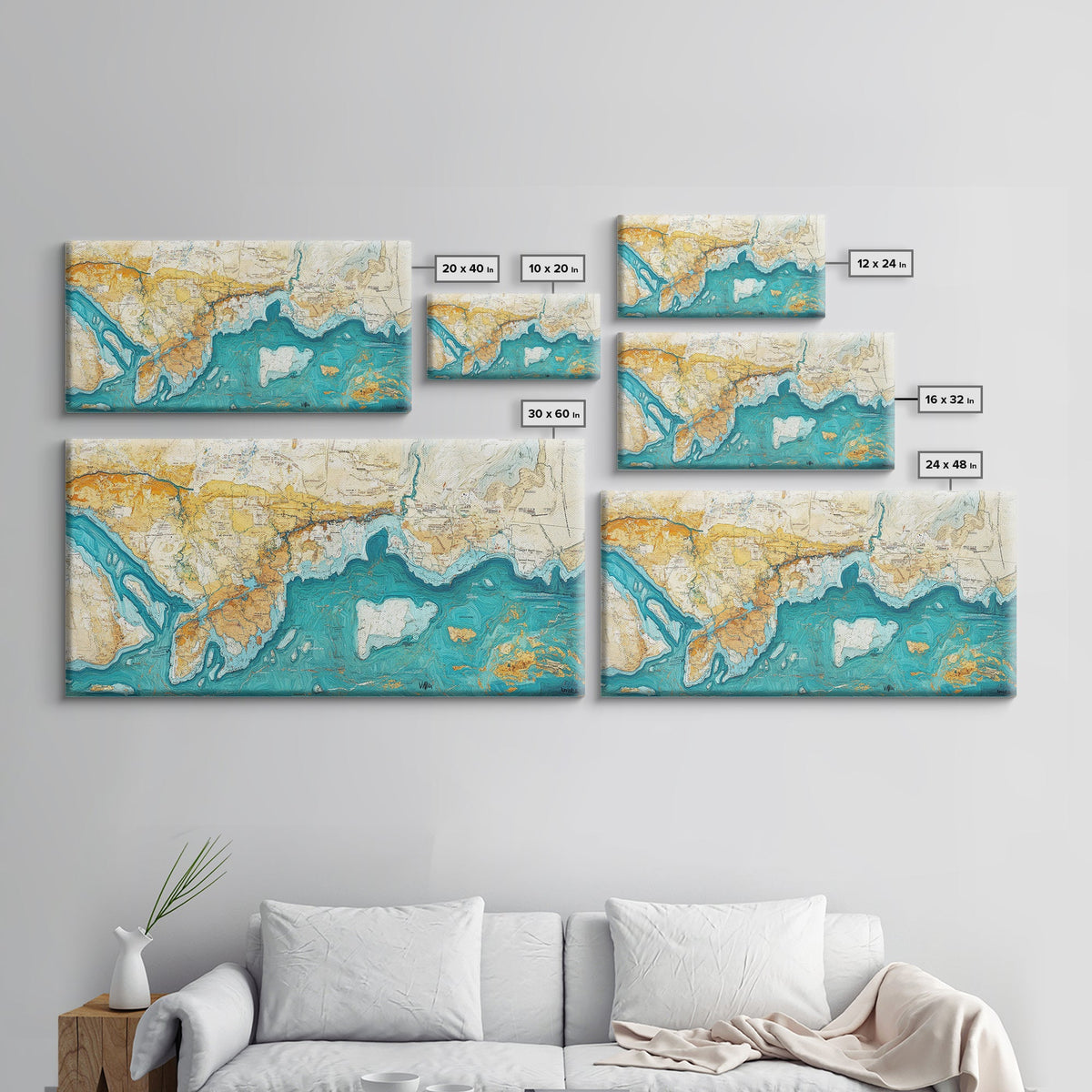 Abstract Map Art, Coastal Decor, Nautical Painting, Extra Wide Art, Framed Canvas Print, Blue and Green Wall Art
