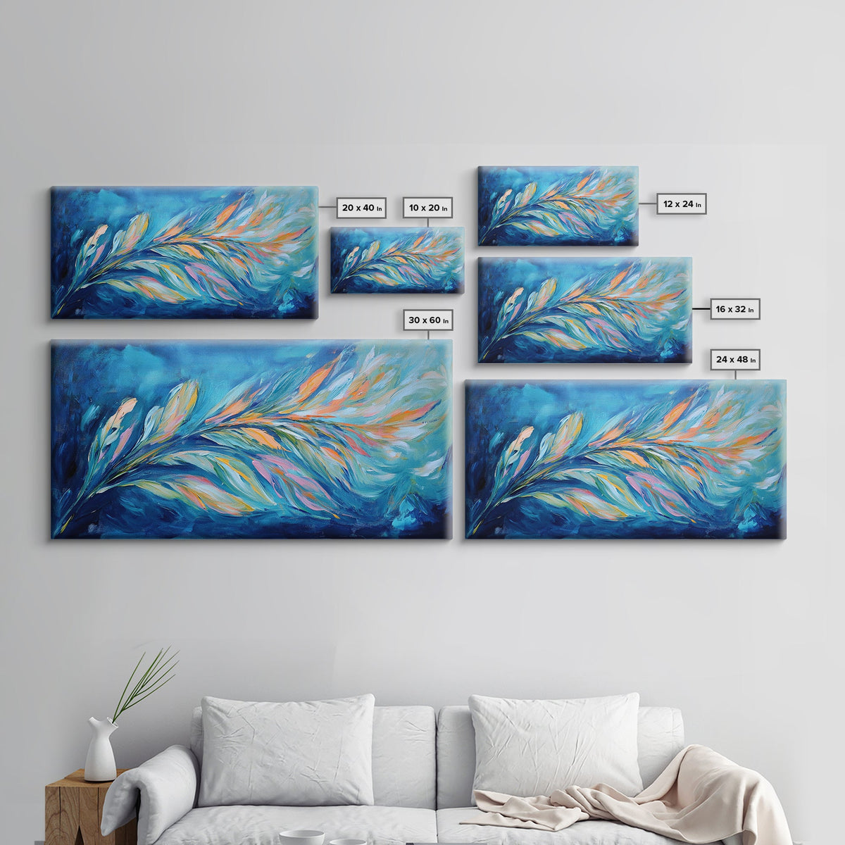 Abstract Feathers, colorful abstract art, blue and green wall art, cottagecore wall art, canvas print, horizontal wall art