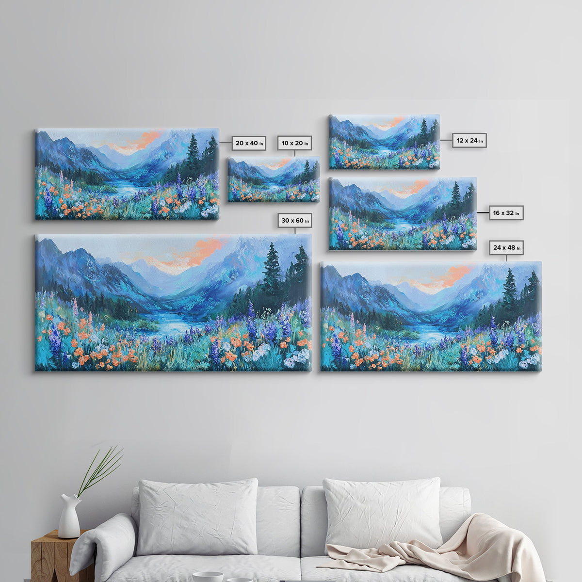 Wildflower Meadow, Mountain Painting, Landscape Painting, Rustic Decor, Cottagecore Wall Art, Framed Canvas Print, Above Sofa Art
