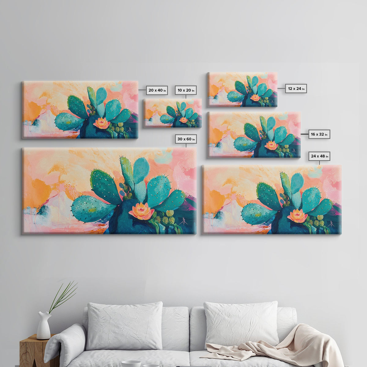 Prickly Pear Cactus, agave painting, southwest wall art, boho art, pink orange wall art, extra wide art, Framed Canvas Print
