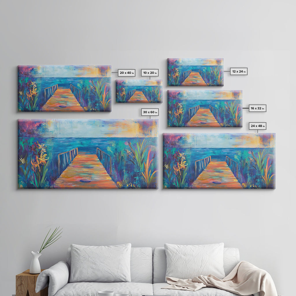 Dock, ocean sunset, coastal painting, coastal landscape art, nautical decor, seascape painting, framed canvas print, above bed wall art