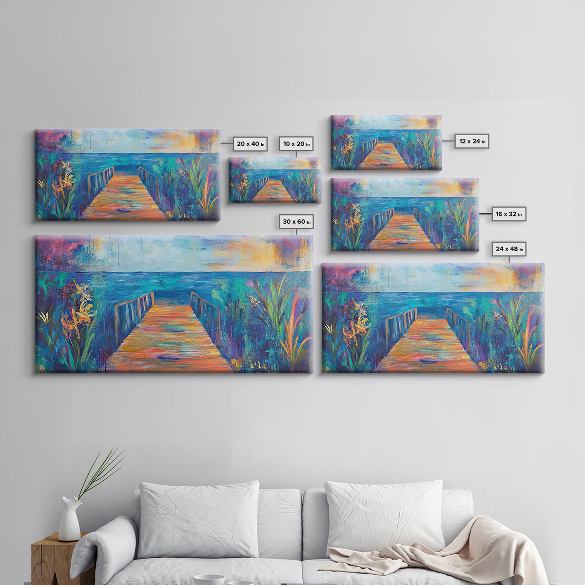 Dock, ocean sunset, coastal painting, coastal landscape art, nautical decor, seascape painting, framed canvas print, above bed wall art