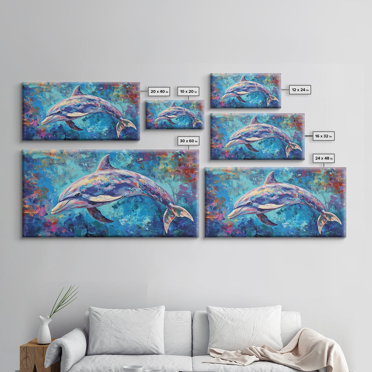 Dolphin Painting, blue and green wall art, coastal decor, nautical painting, framed canvas print, whimsical art, ocean wall art