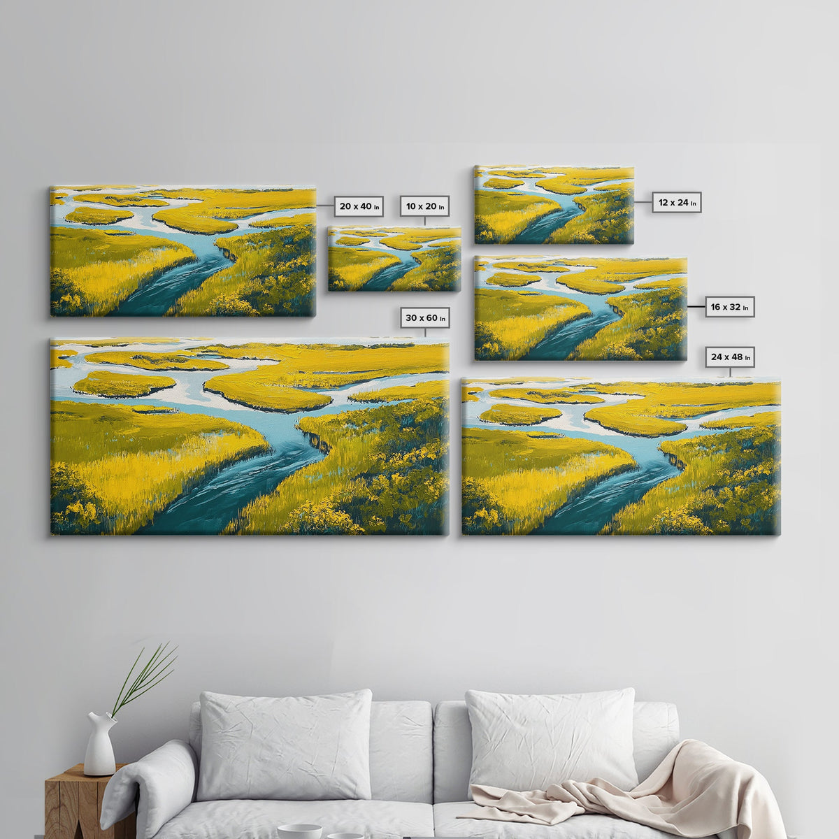 Marshland Landscape, marsh painting, landscape painting, above sofa art, extra wide art, panoramic art, Framed Canvas Print