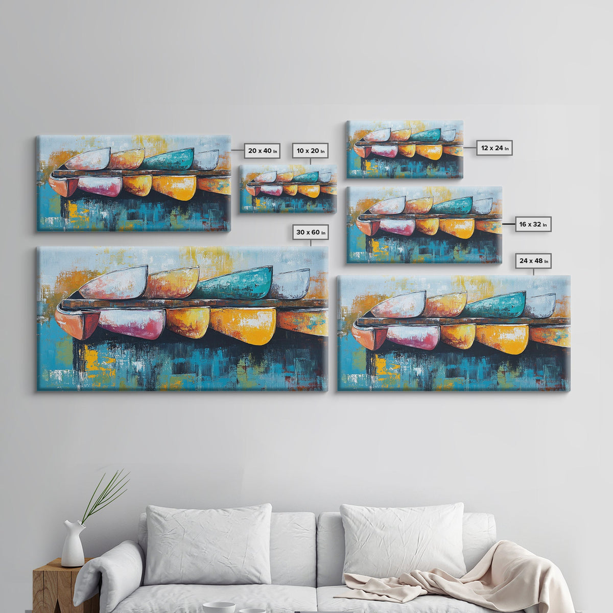 Colorful canoe, coastal decor, nautical painting, vibrant abstract, lake tahoe art, modern art, horizontal wall art, canvas print, beach vibes