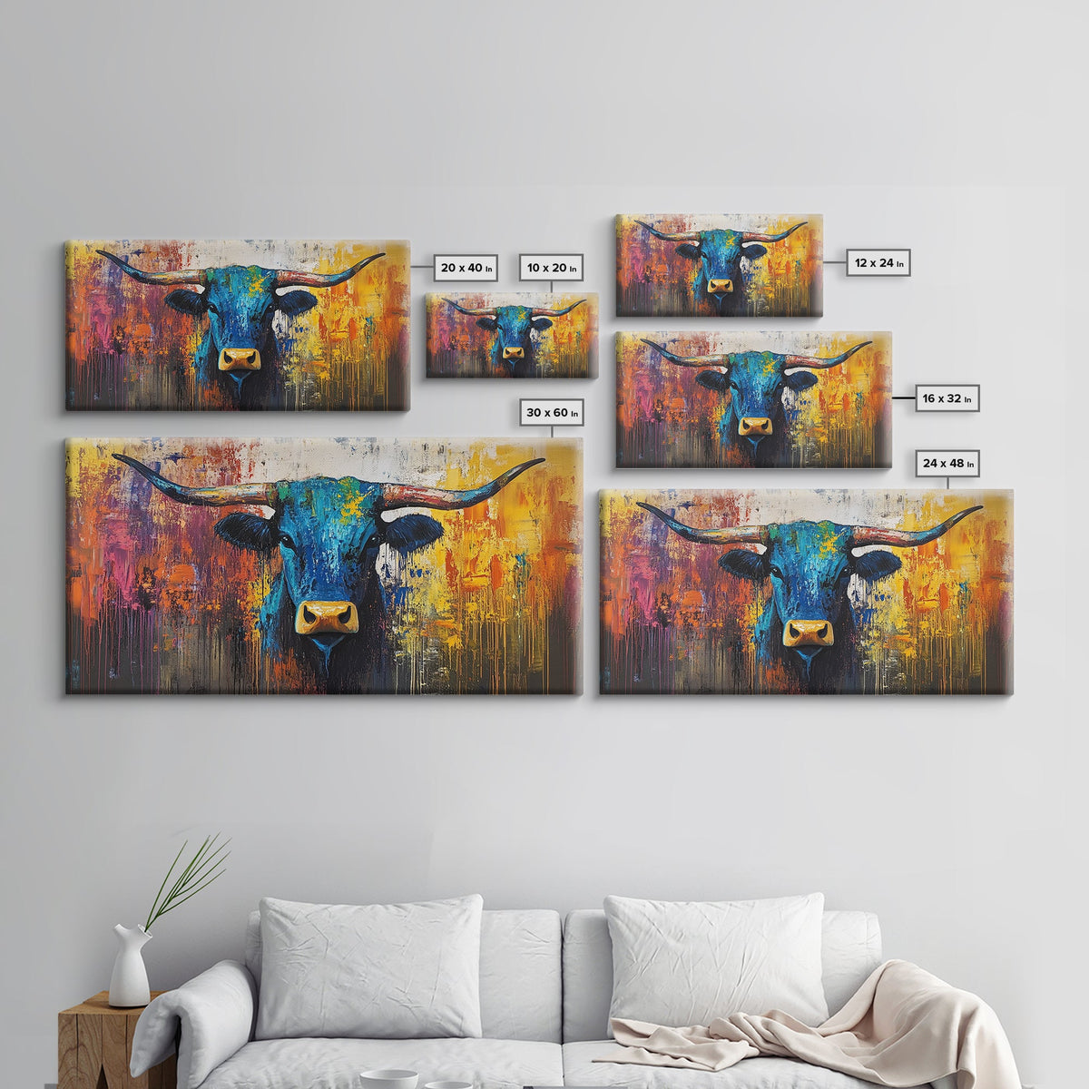 Abstract Bull, bold color wall art, rustic decor, farmhouse art, moody art, contemporary art, Framed Canvas Print, modern bull painting