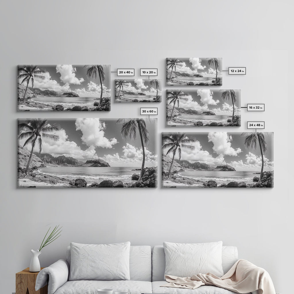 Tropical Beach View, Palm Tree Paradise, Black and White Island, Coastal Wall Decor, Canvas Print, Boho Living Room Art, Office Wall Art
