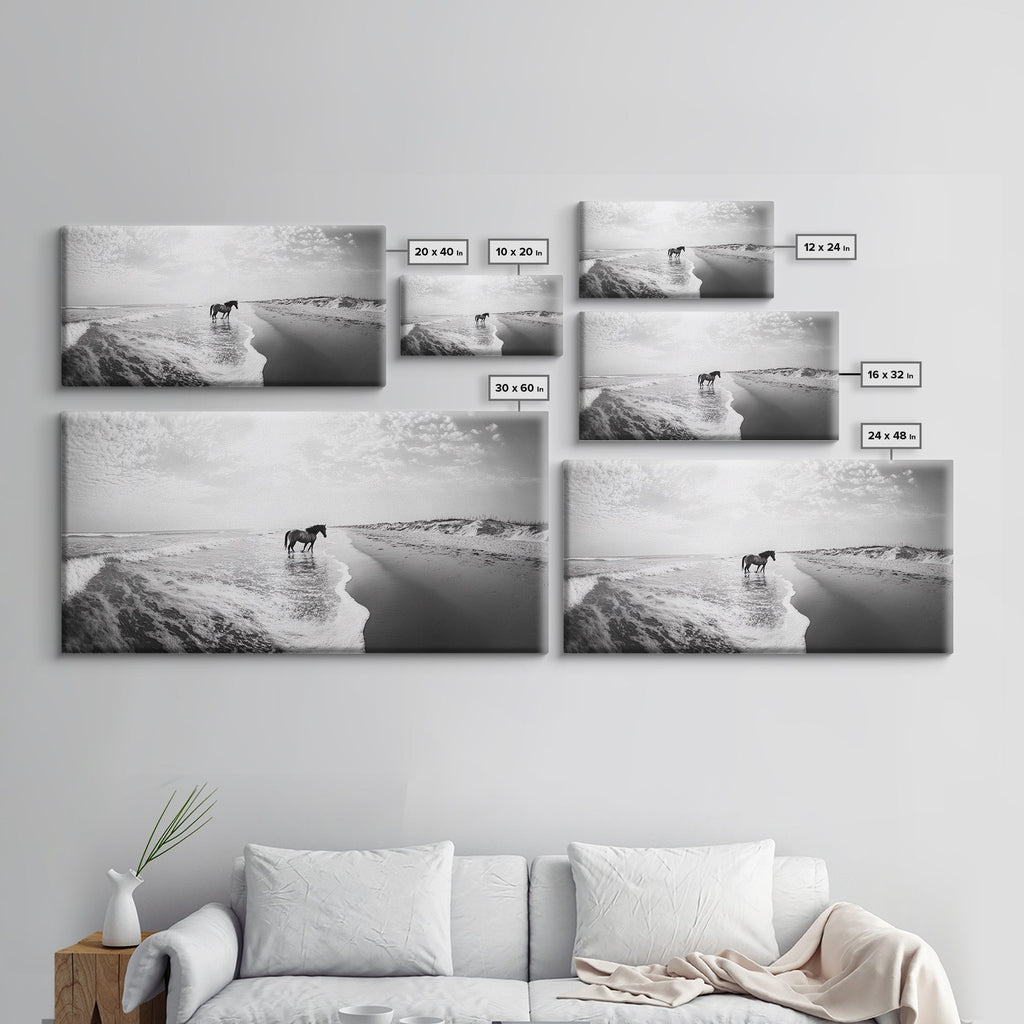 Wild Horse Beach, Coastal Nature Art, Minimalist Animal Photography, Serene Landscape, Neutral Bedroom Decor, Framed Canvas Print