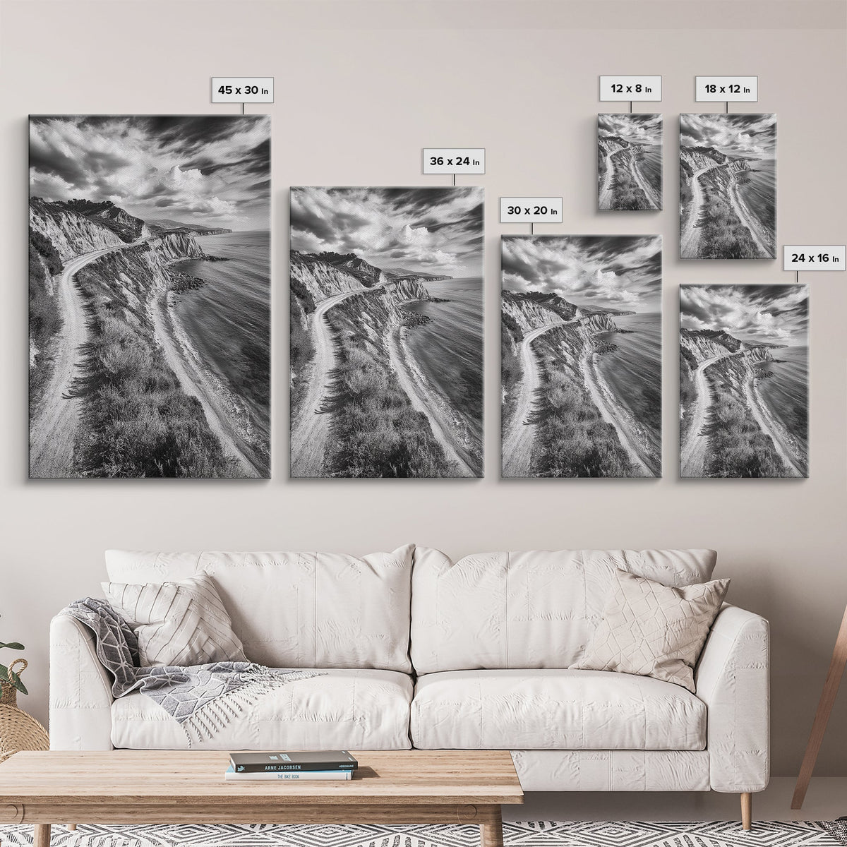 Coastal Mountain Trail, Ocean View, Travel Photography, Framed Canvas Print, Scenic Landscape Art, Office or Hallway Wall Art