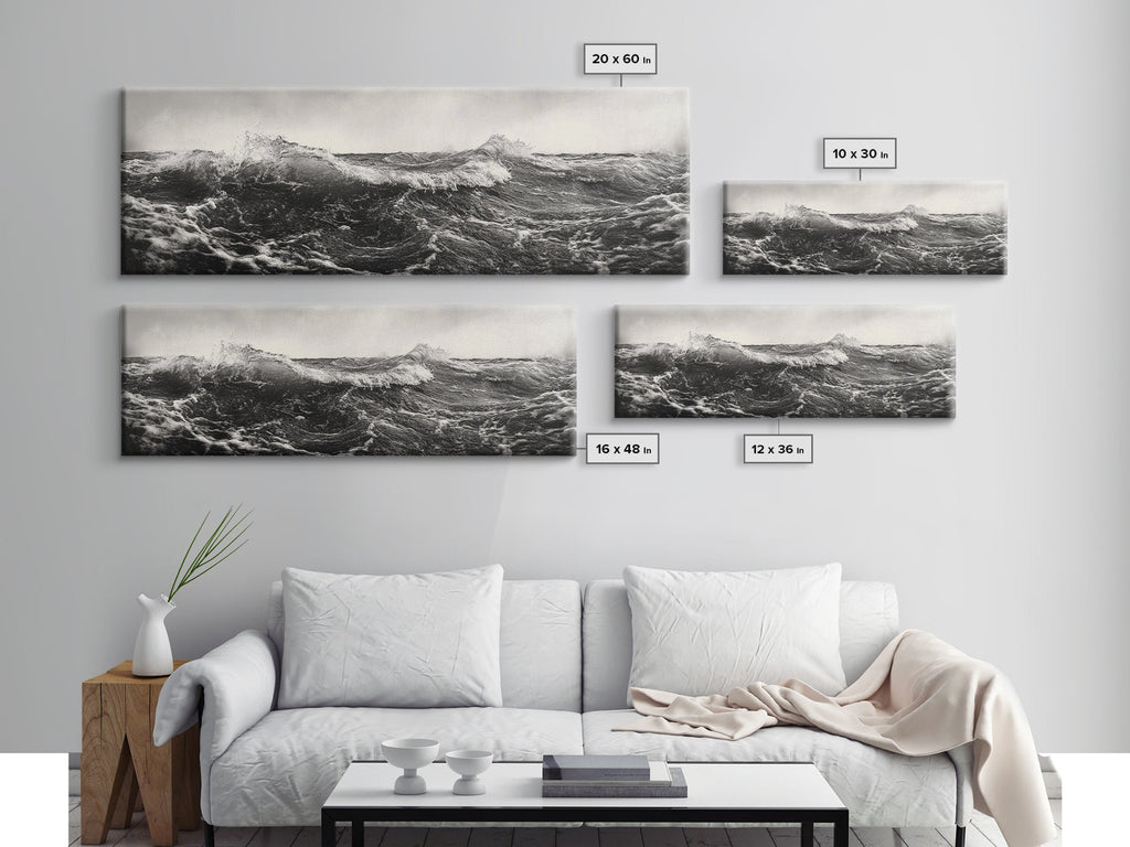 Ocean Wave, Stormy Sea, Black and White Nautical, Framed Canvas Print, Bold Coastal Art, Living Room Wall Art, Marine Photography