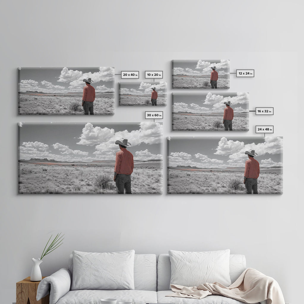 Cowboy Stare, Western Horizon, Desert Dream, American Spirit, Framed Canvas Print, Rustic Bedroom Art, Country Wall Decor, Western Style