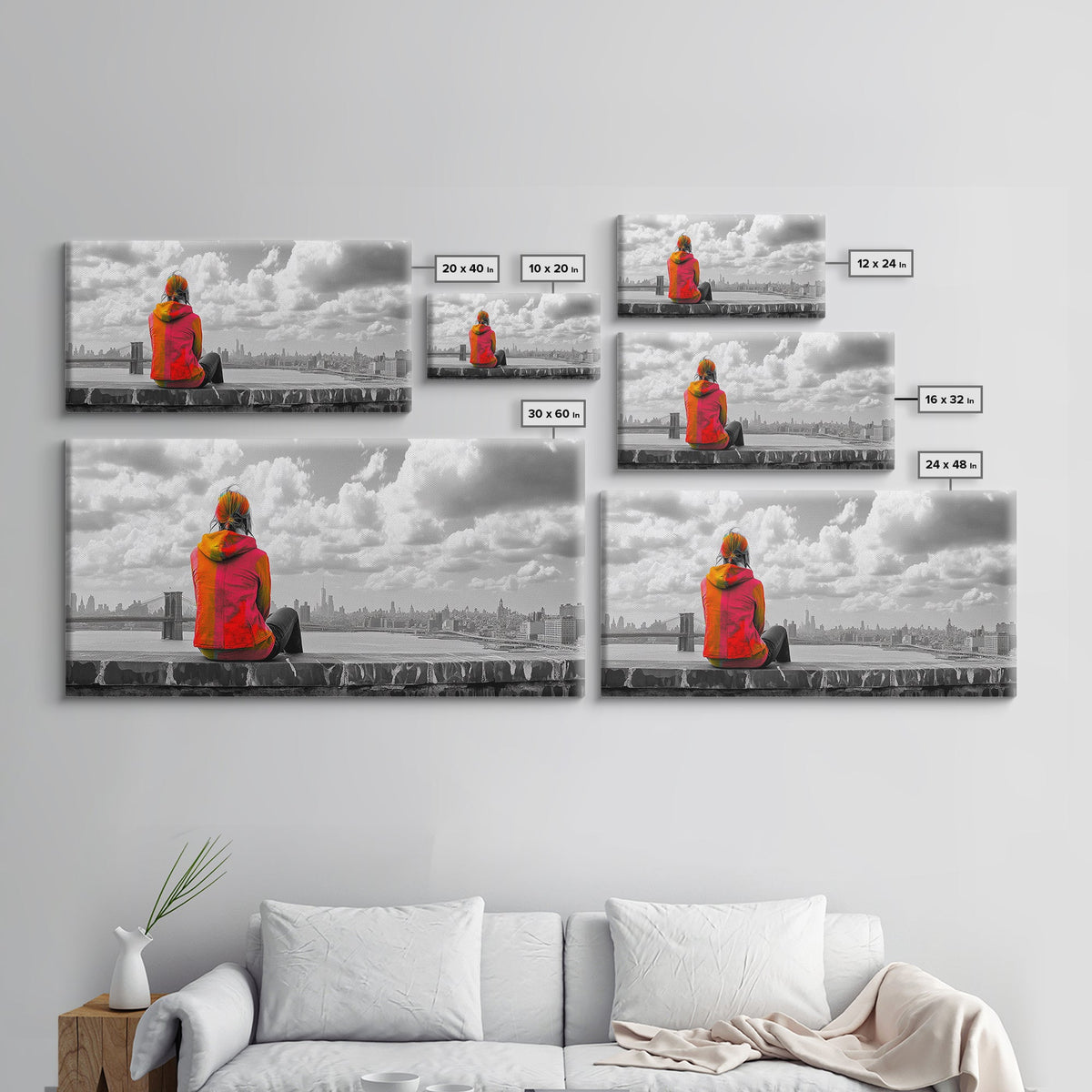 Rooftop View, Urban Woman, Brooklyn Bridge, Reflective Mood, Framed Canvas Print, Modern City Wall Art, Inspirational Office Decor