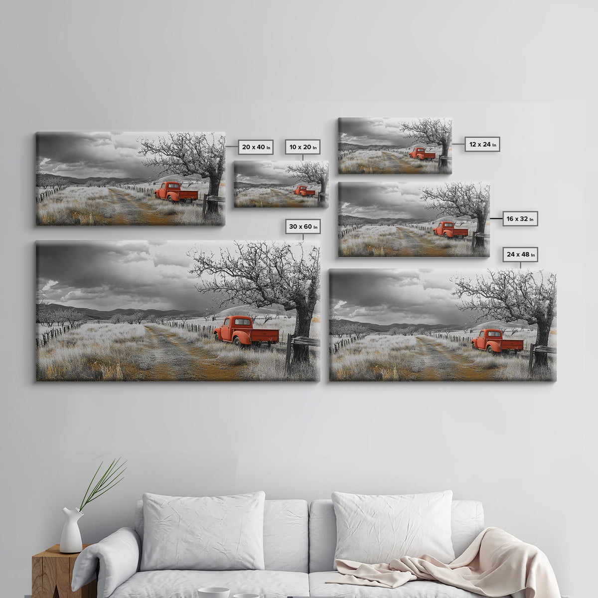 Red Truck, Country Road, Stormy Sky, Orchard Path, Framed Canvas Print, Farmhouse Autumn Wall Art, Rural Decor, Rustic Vintage Vibes