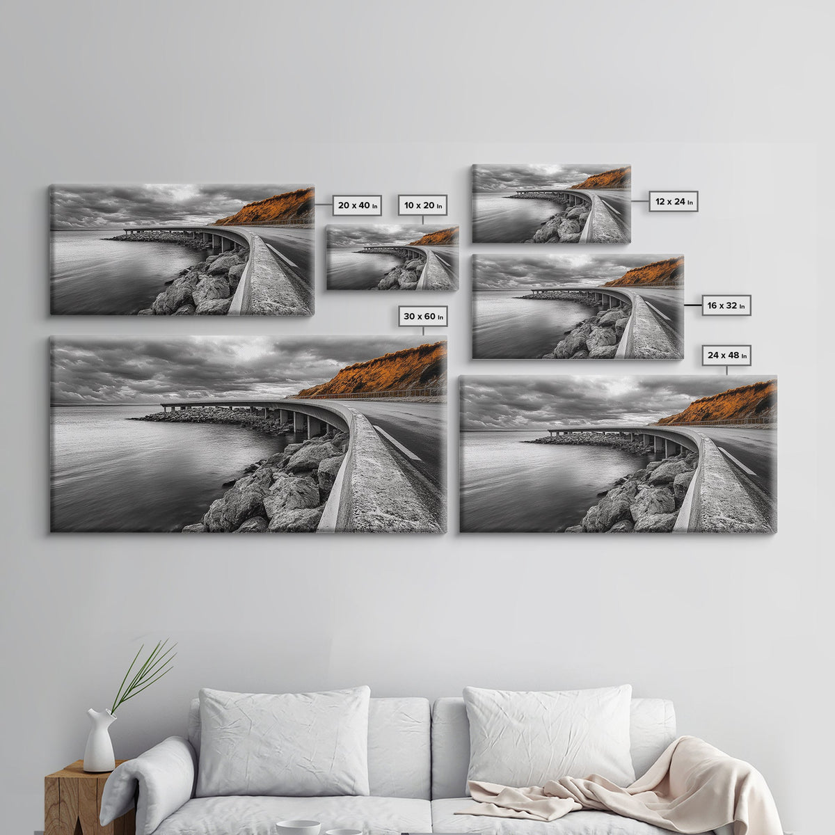 Cliffside Road, Autumn Drive, Ocean View, Stormy Sky, Canvas Print fall landscape art, modern hallway decor, minimalist travel scene