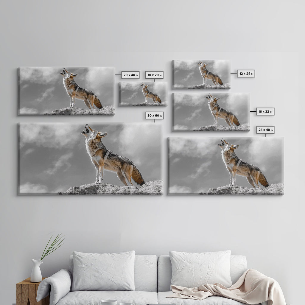 Howling Coyote Peak, Desert Wildlife Portrait, Majestic Animal Scene, Framed Canvas Print, Cabin Decor, Nature Wall Art, Minimalist Vibe