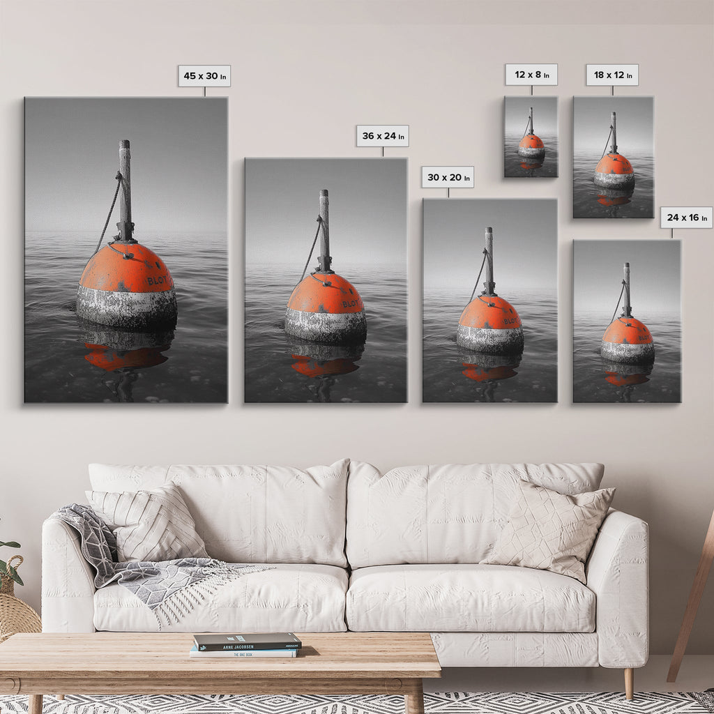 Ocean Buoy, Red Marker, Maritime Minimalism, Canvas Print, Coastal Bathroom Art, Nautical Wall Decor, Marine Industrial Aesthetic