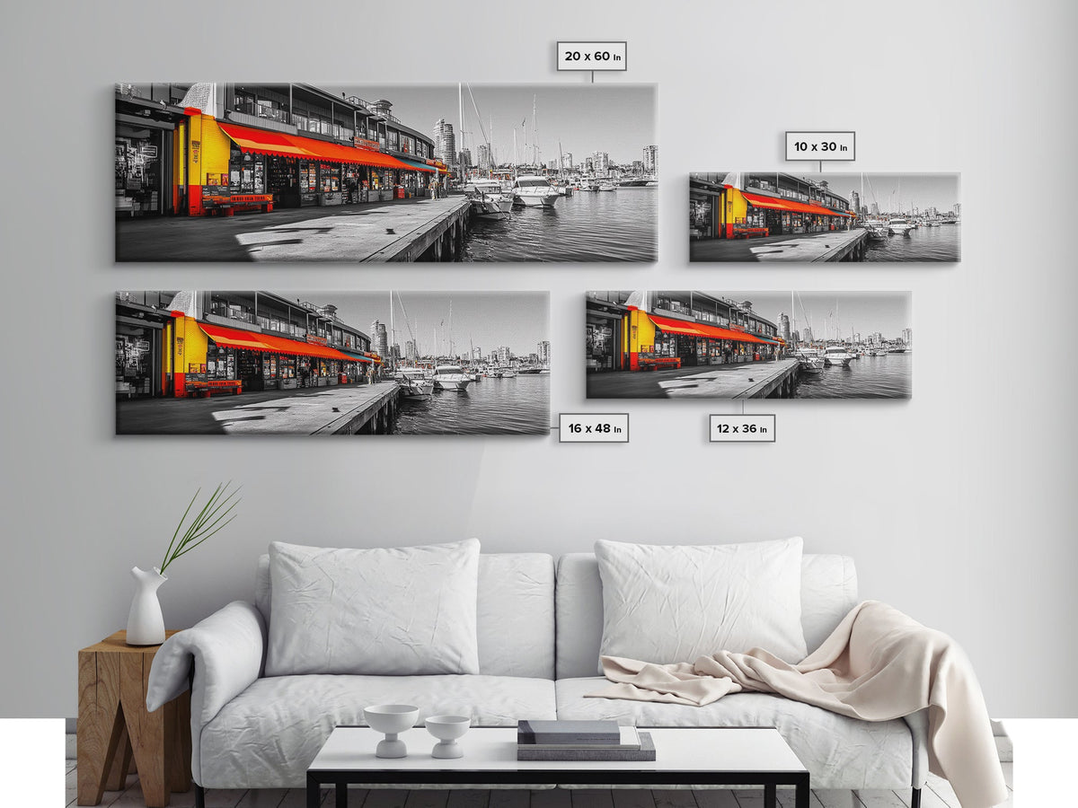 Waterfront Market, Urban Vibes, Boats and Shops, City Harbor — Framed Canvas Print, Kitchen Wall Art, Modern Cityscape, Vibrant Wall Decor
