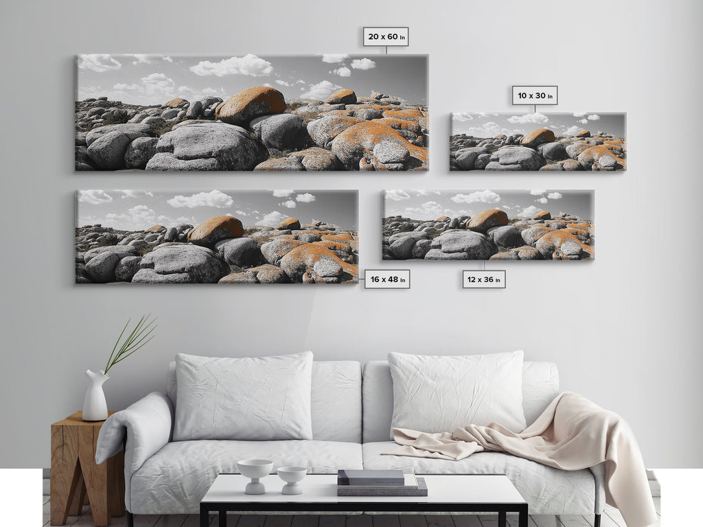 Granite Boulder Field, Orange Lichen Rocks, Desert Rockscape, Canvas Print, Natural Earth Decor, Living Room Wall Art