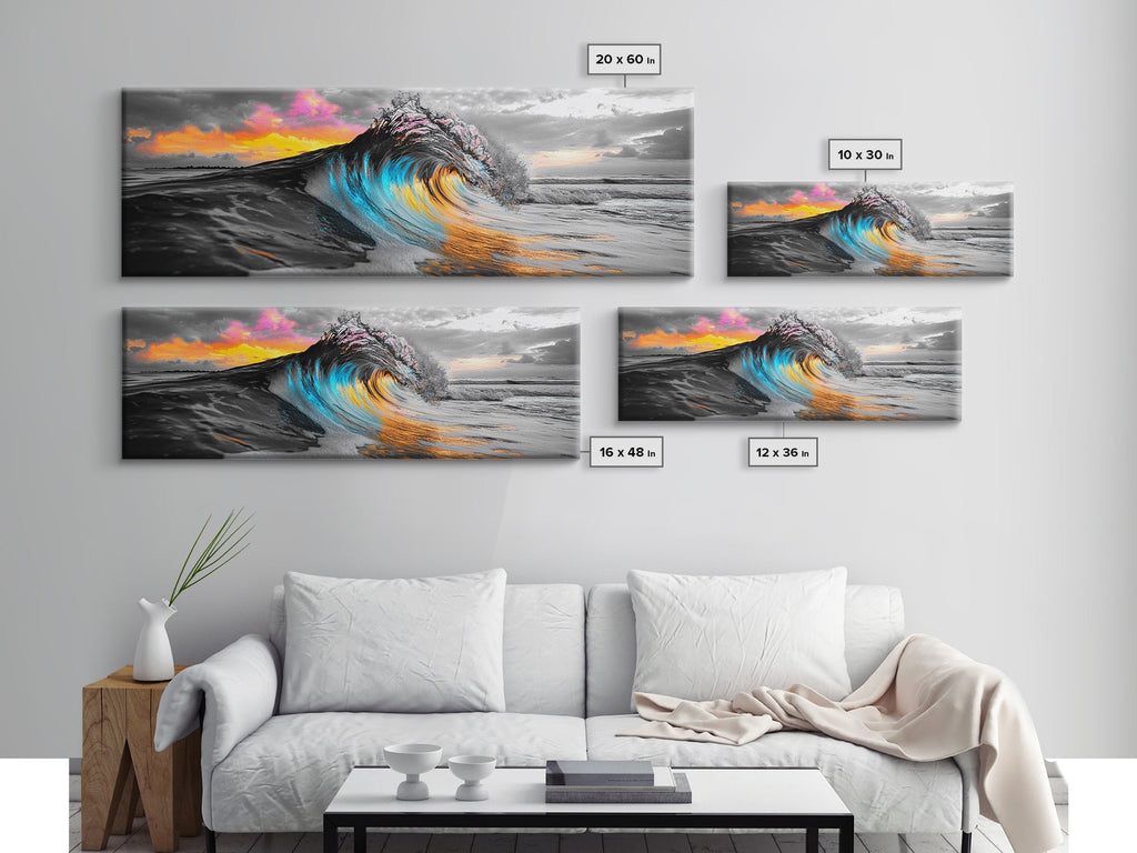 Wave Photography, Color Splash, Sunset Sea, Surf Art, Framed Canvas Print, Beach House Decor, Coastal Vibes, Modern Ocean Wall Art