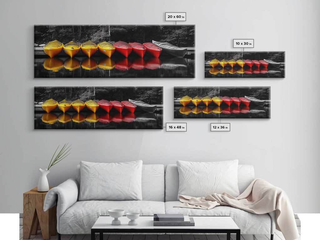 Canoes Docked, Reflection Scene, Kayak Art, Framed Canvas Print, Adventure Wall Art, Boho Water Sports, Cabin Living Room Decor
