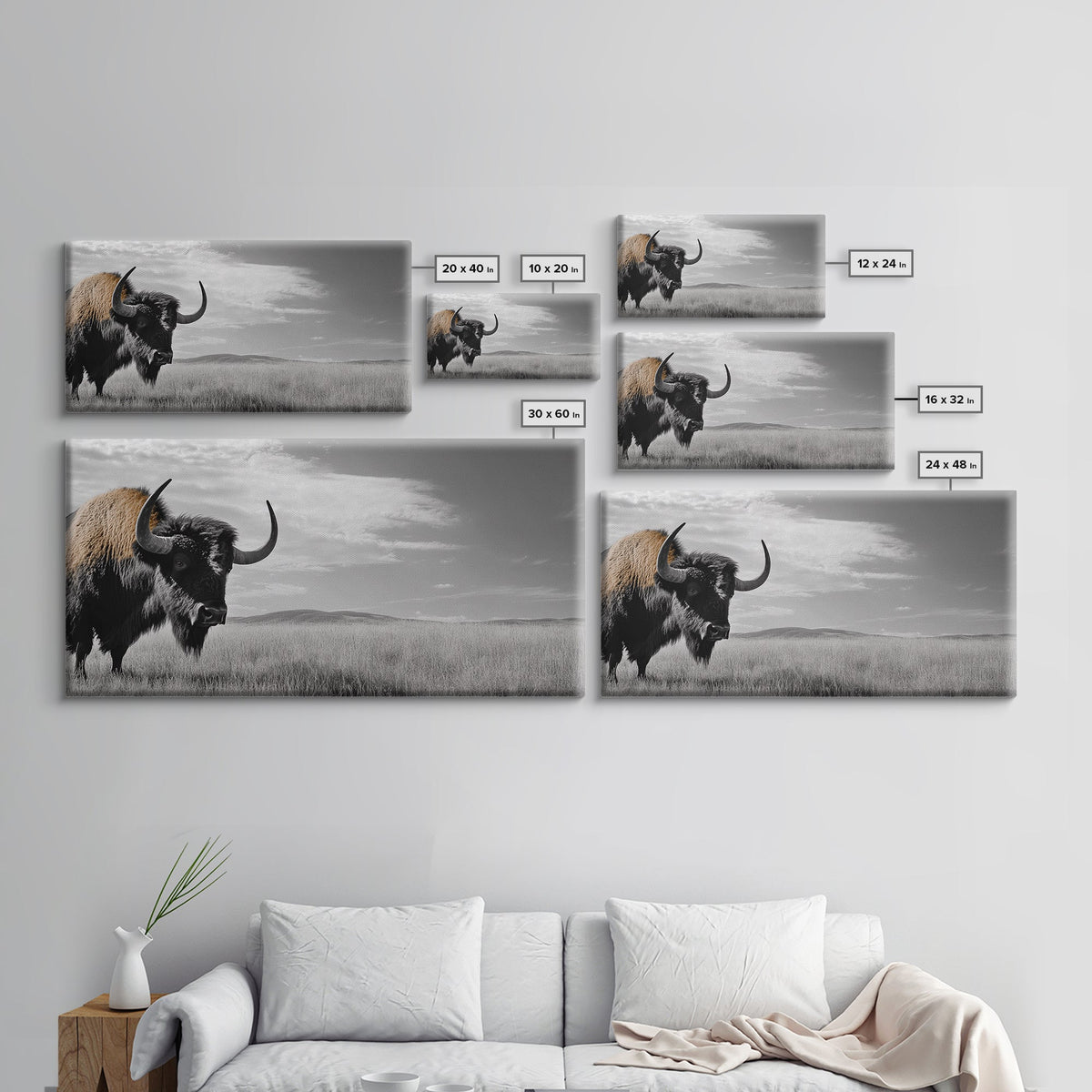 Buffalo Wall Art Canvas Print | Rustic Farmhouse Decor | Western Landscape Art | Moody Wall Art | Extra Wide Art | Nature Lover Gift