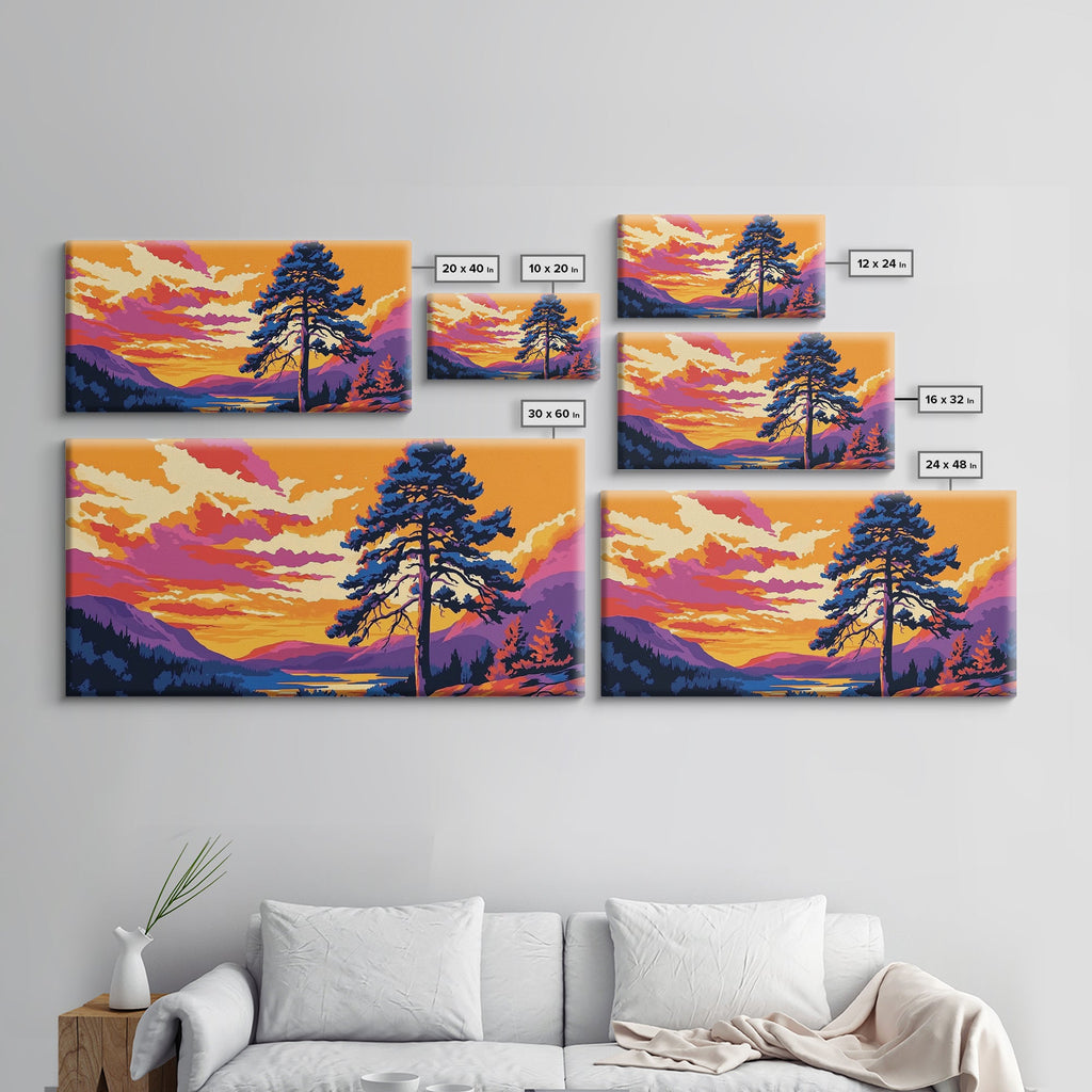 Pine Tree Sunset, smoky mountain art, Joshua tree art, landscape painting, rustic decor, extra wide wall art, framed canvas print