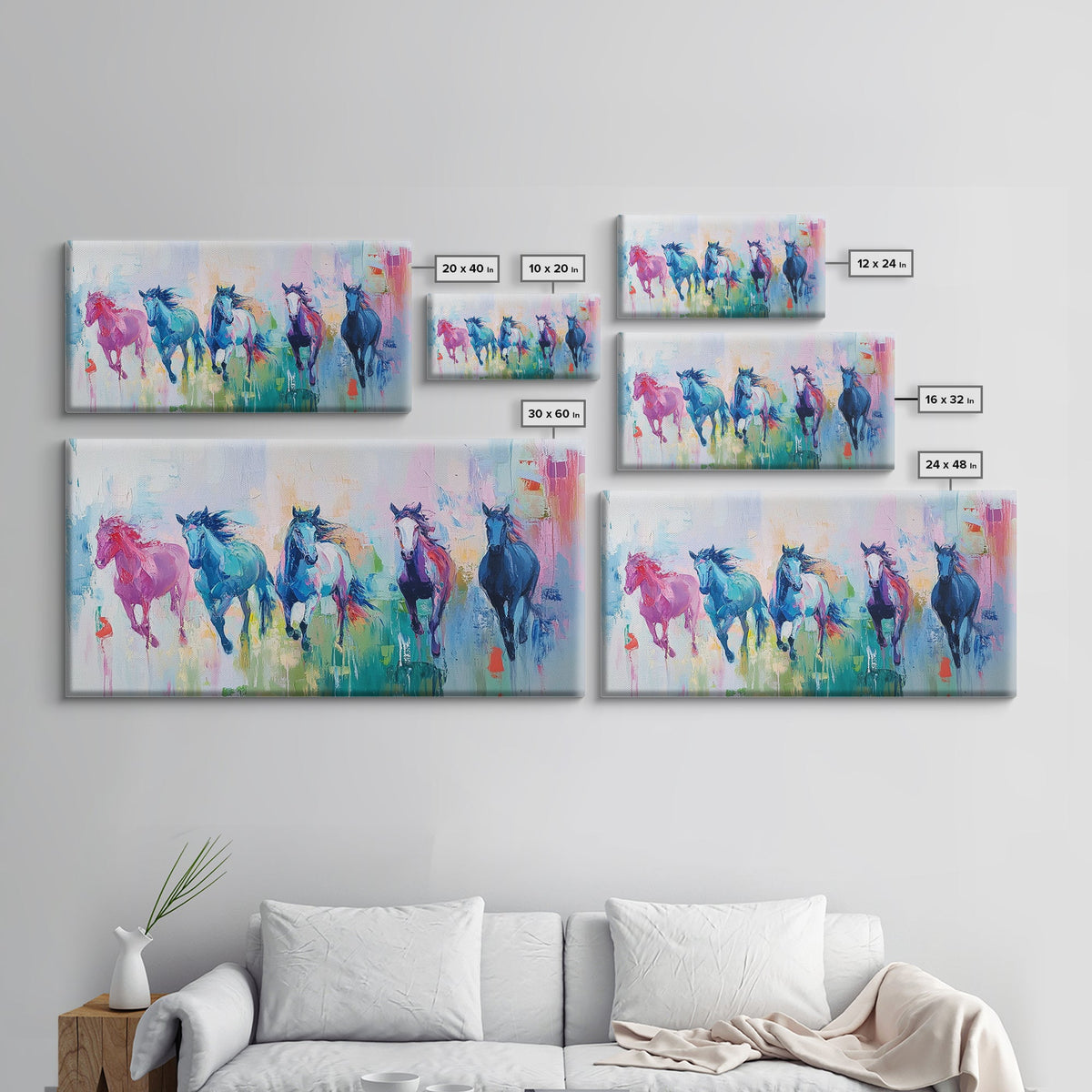 Running Horses, Western Horse Art, Colorful Horse Wall Art, Vintage Horse Art, Farmhouse Decor, Extra Wide Art, Canvas Print