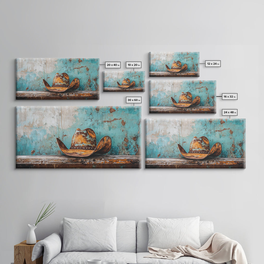Cowboy Hat Art, Framed Canvas Print, Rustic Decor, Southwest Wall Art, Extra Wide Art, Farmhouse Art, Moody Art, Western Wall Art