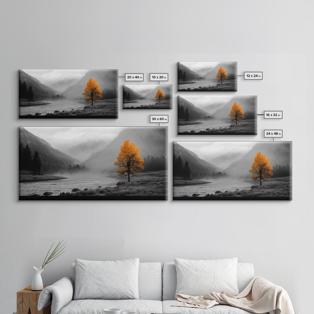 Autumn Tree in Fog, smoky mountain art, pine tree art, wabi sabi art, forest at dusk painting, fall wall art, rustic decor, Framed Canvas Print
