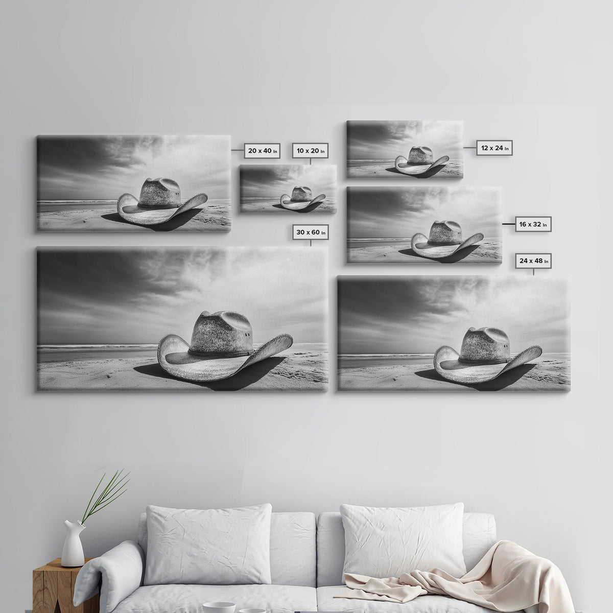 Cowboy Hat, Rustic Art, Western Wall Art, Moody Art, Coastal Decor, Vintage Aesthetic, Framed Canvas Print, Dramatic Sky